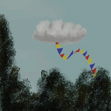 a cloud above the tree line, with a pennant banner blowing out from under it.